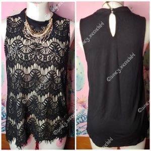 Tempted | Cream & Black Keyhole Eyelash Lace Tank Top Large Office